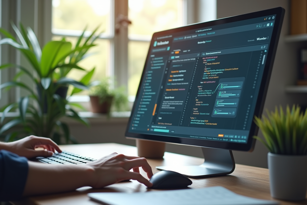 Main tapant sur un clavier avec un tableau de bord low code