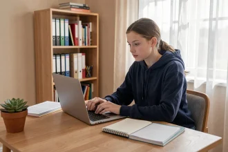 Élève lycéenne consultant son ENT sur un ordinateur portable à son bureau pour retrouver ses devoirs et cours en ligne