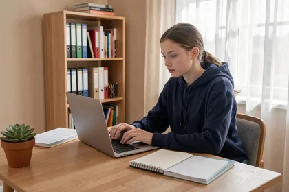 Élève lycéenne consultant son ENT sur un ordinateur portable à son bureau pour retrouver ses devoirs et cours en ligne