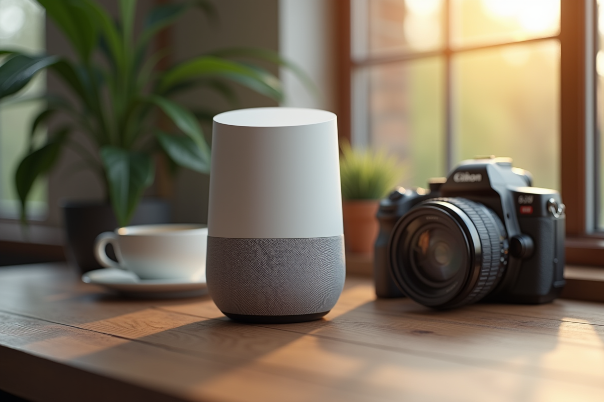 Enceinte Google et appareil photo reflex sur un bureau lumineux