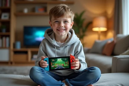 Jeune garçon jouant à Roblox sur Nintendo Switch dans un salon familial confortable
