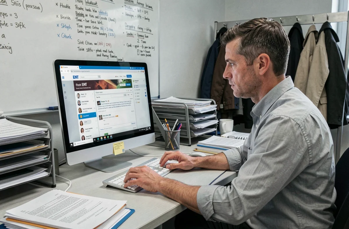 Enseignant consultant l'ENT et ses mails professionnels sur un ordinateur de bureau dans une salle des professeurs