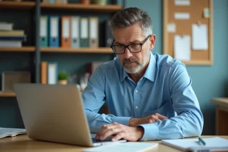 Professeur d age moyen travaillant sur son ordinateur dans un bureau scolaire