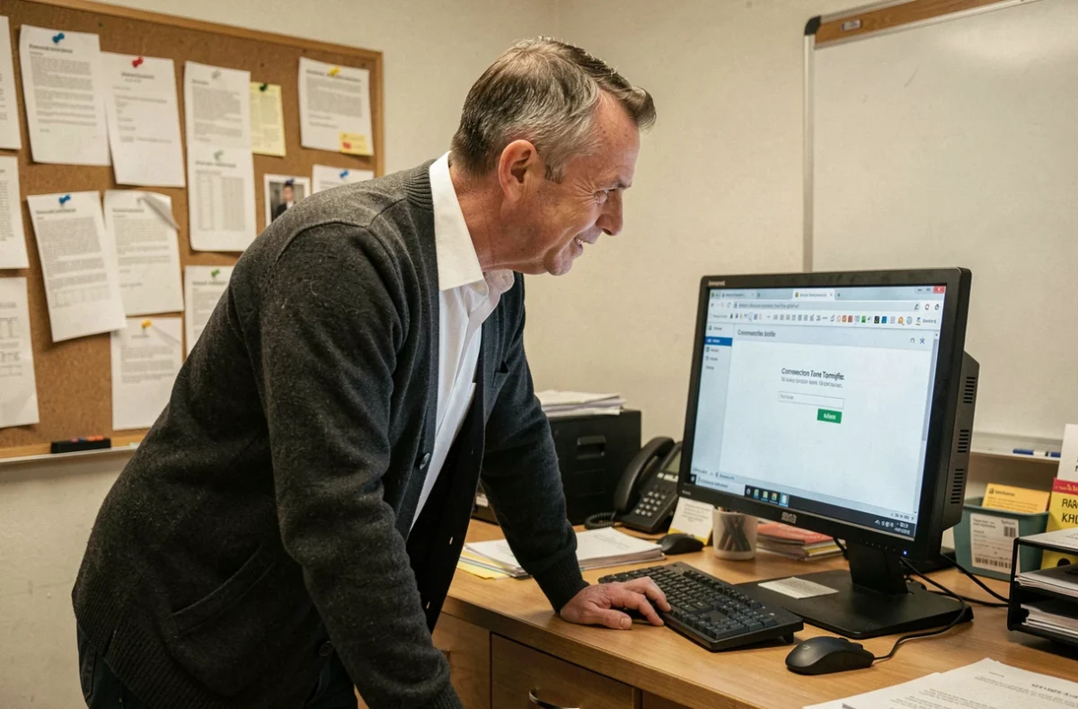 Enseignant en salle des professeurs tentant de se connecter au portail Convergence de la DSDEN Gironde