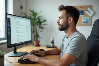 Homme travaillant sur un environnement Google dédié dans un bureau à domicile moderne avec un moniteur affichant Chrome