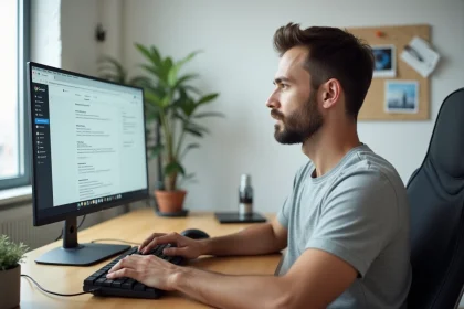 Homme travaillant sur un environnement Google dédié dans un bureau à domicile moderne avec un moniteur affichant Chrome