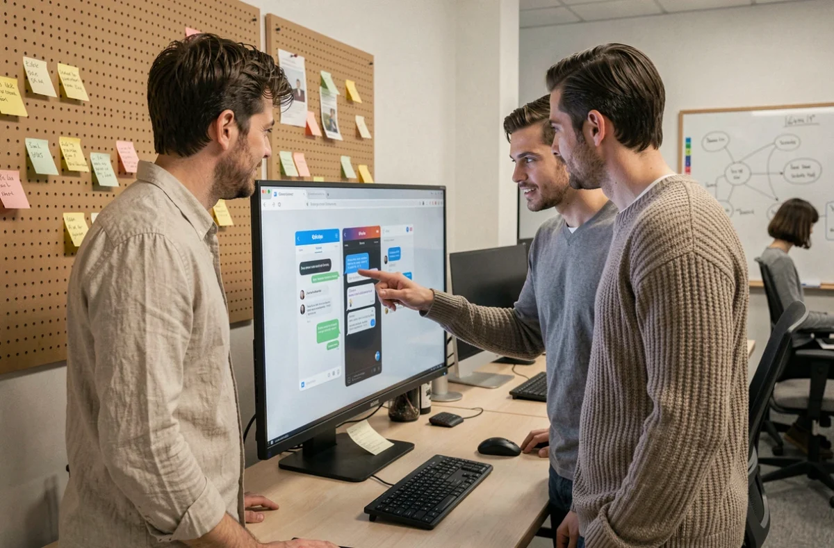 Équipe de collègues en discussion autour d'une comparaison entre Claude AI et ChatGPT dans un bureau de startup