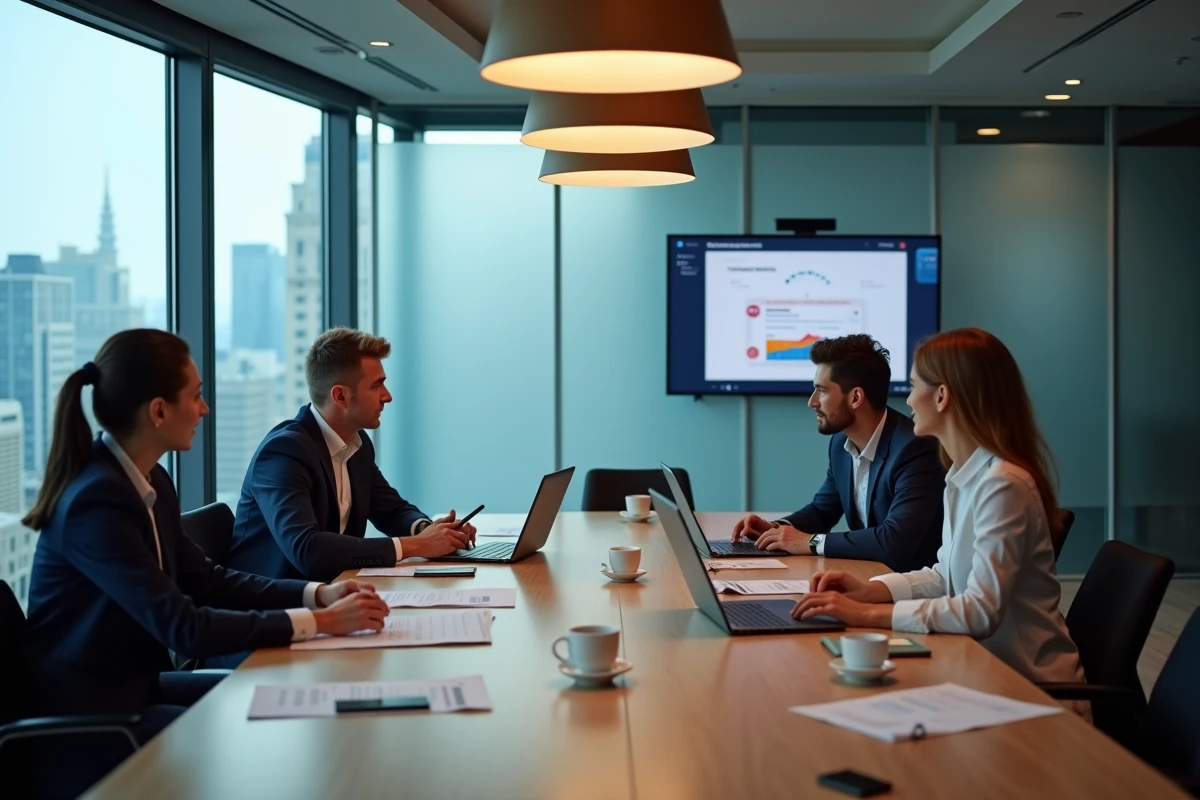 Équipe de professionnels hôteliers collaborant autour d'une stratégie de transformation digitale dans une salle de réunion moderne avec vue sur la ville