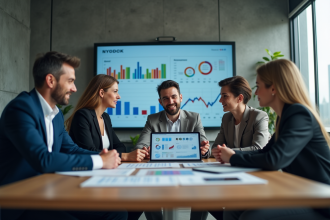 Groupe de professionnels en réunion analysant des graphiques