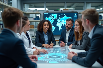 Groupe de chercheurs en laboratoire moderne discutant