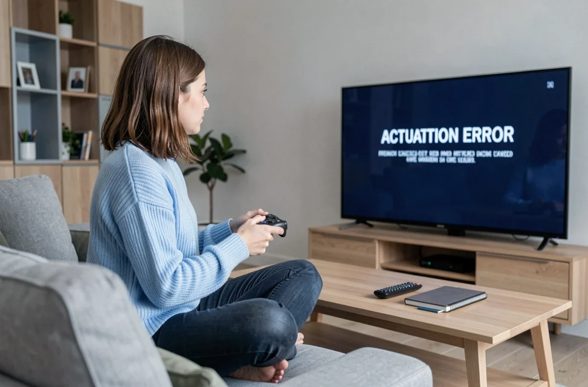 Femme tenant une manette de jeu face à un message d'erreur d'activation Epic Games sur un téléviseur