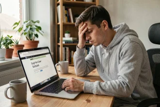 Homme frustré devant son ordinateur portable affichant une erreur d'activation sur le site Epic Games