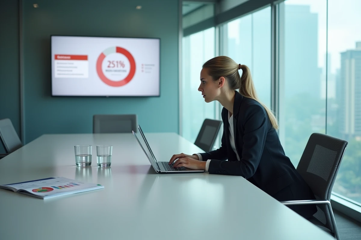 Analyste data face à une erreur de connexion Plan BI dans une salle de réunion d'entreprise