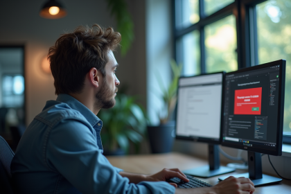 Employe frustré regardant un écran d'ordinateur avec erreur F34111009