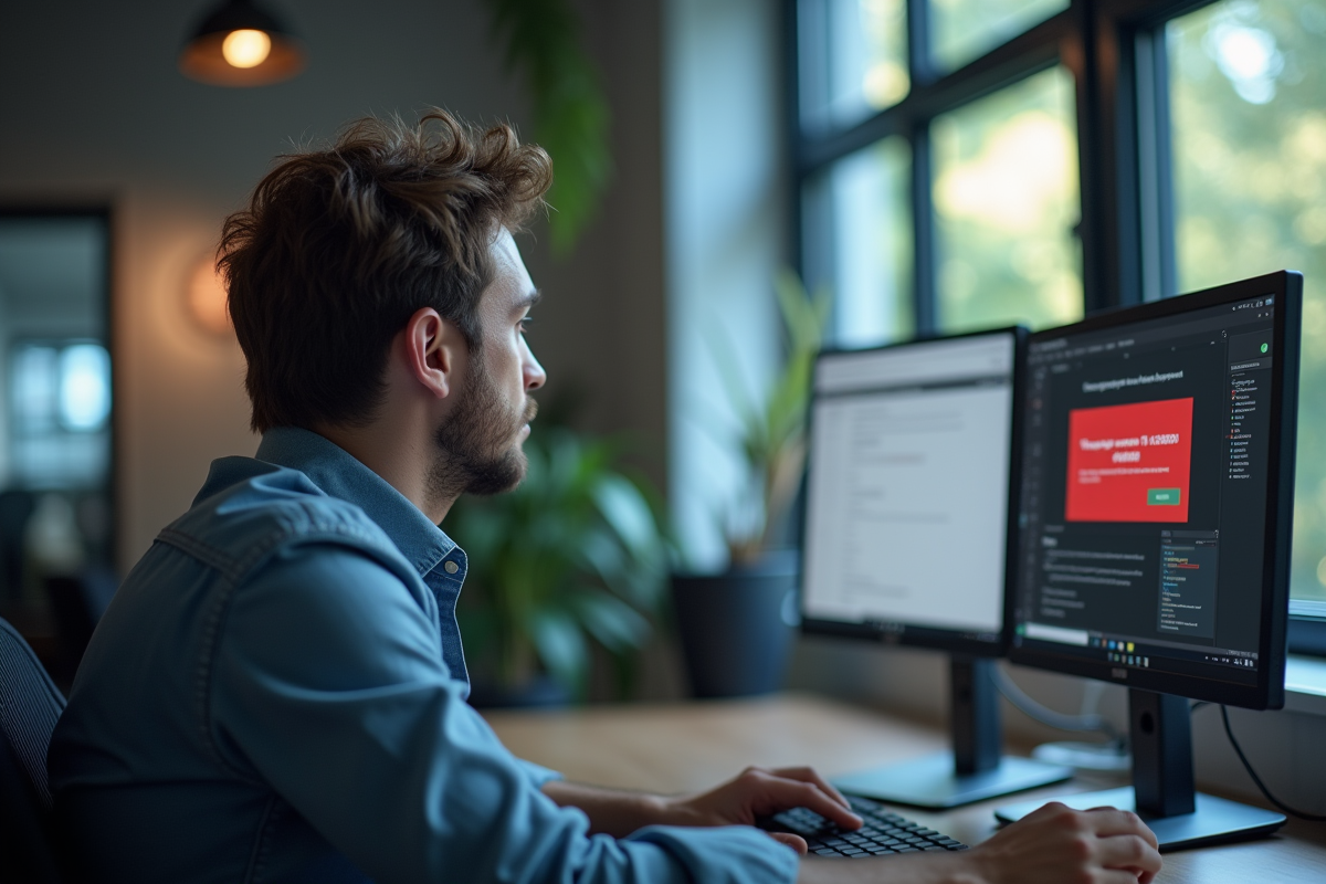 Employe frustré regardant un écran d'ordinateur avec erreur F34111009