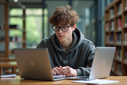Jeune étudiant universitaire comparant deux laptops dans une bibliothèque