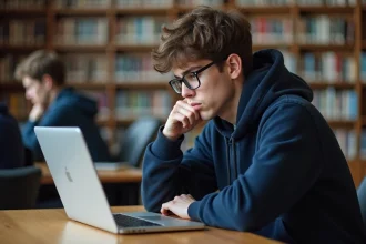 Étudiant frustré face à une erreur de connexion sur son ordinateur portable dans une bibliothèque universitaire