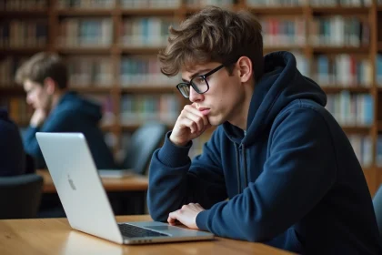 Étudiant frustré face à une erreur de connexion sur son ordinateur portable dans une bibliothèque universitaire