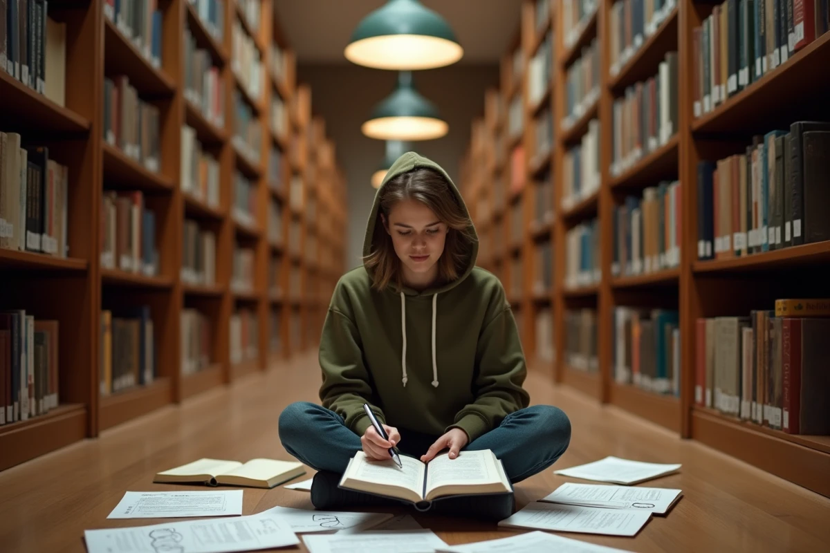 Étudiant assis par terre dans une bibliothèque universitaire, entouré de feuilles d'exercices d'écriture et de notes annotées, réfléchissant à son score