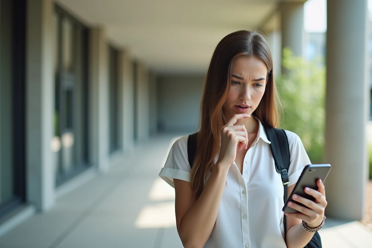 Étudiante consultant son téléphone avec un message d'erreur de connexion sur un portail universitaire dans un couloir moderne