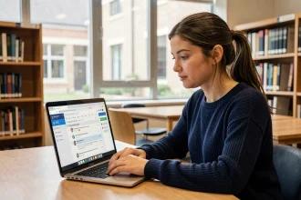 Étudiante consultant sa messagerie Mel ouvert Normandie sur un ordinateur portable dans une bibliothèque universitaire