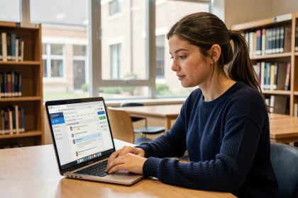 Étudiante consultant sa messagerie Mel ouvert Normandie sur un ordinateur portable dans une bibliothèque universitaire