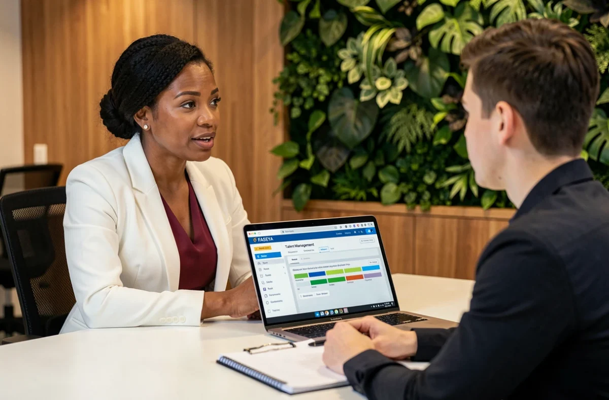 Consultante FASEYA en session de conseil talent avec une collègue dans un bureau digital moderne et chaleureux