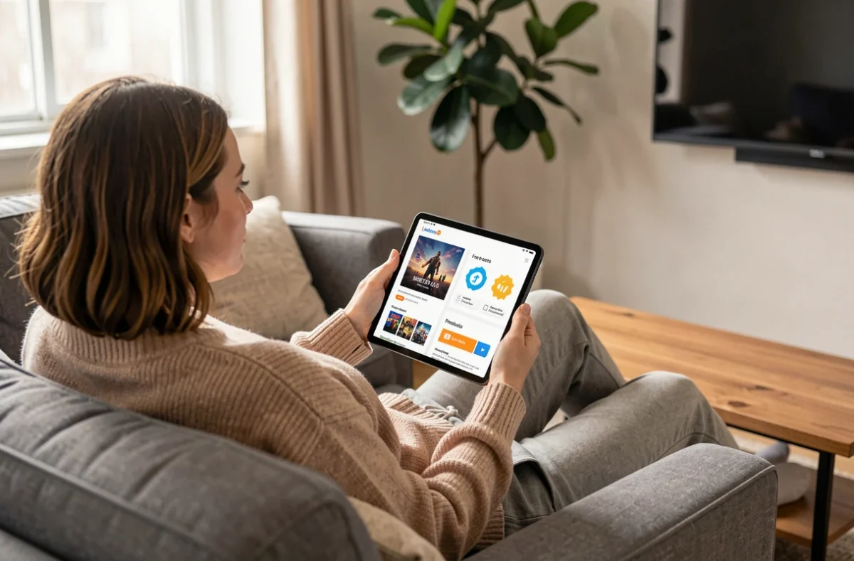 Femme consultant les avantages d'un abonnement gaming sur une tablette confortablement installée dans son salon