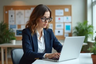 Femme professionnelle en bureau vérifiant les règles d'accessibilité