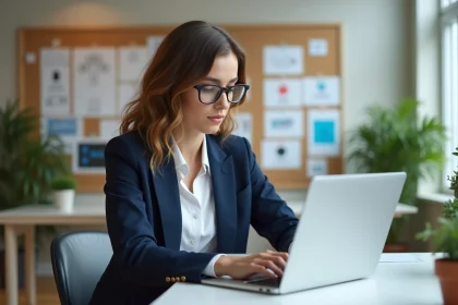 Femme professionnelle en bureau vérifiant les règles d'accessibilité
