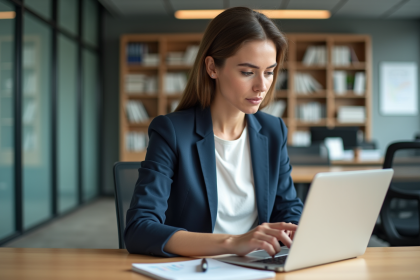 Femme concentrée analysant des données sur un ordinateur au bureau
