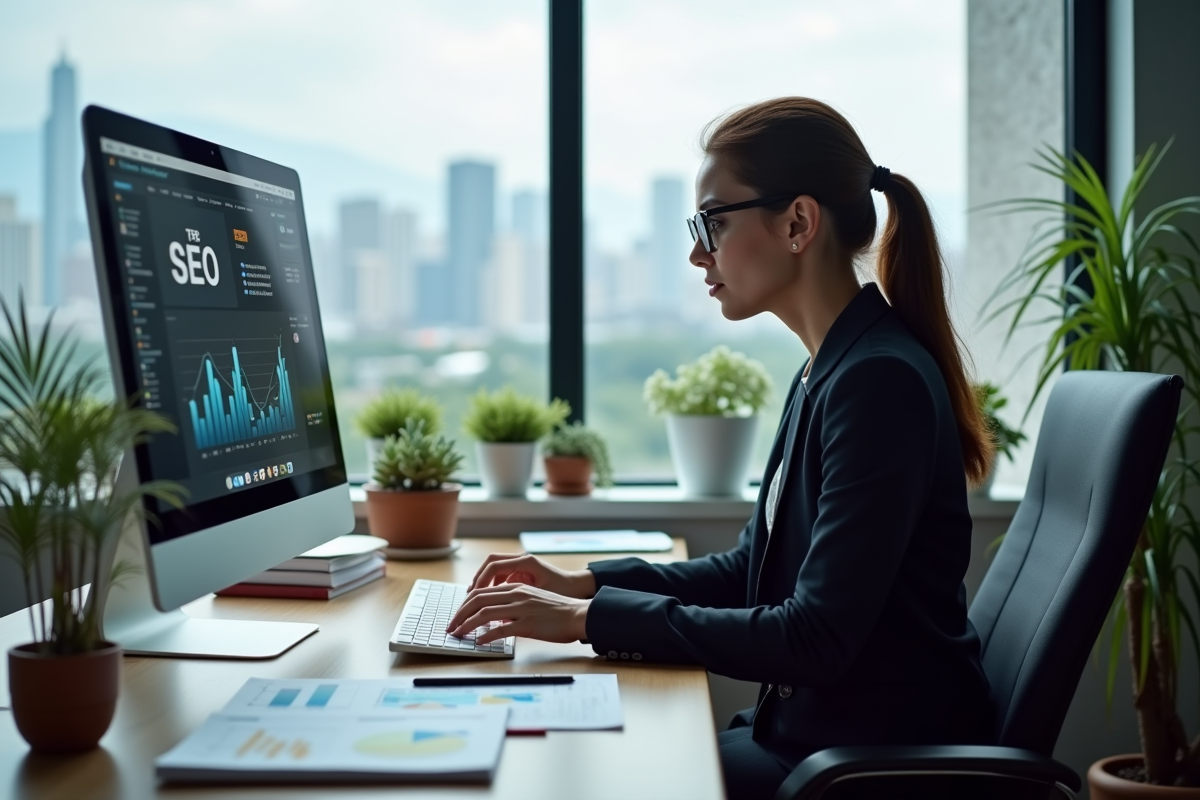 Jeune femme analysant des données SEO sur un ordinateur