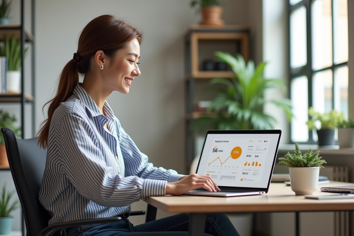 Femme analysant un tableau de bord SEO dans un bureau lumineux