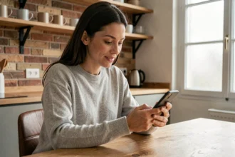 Femme comparant ses options d'abonnement mobile RED&Moi sur son smartphone dans une cuisine moderne