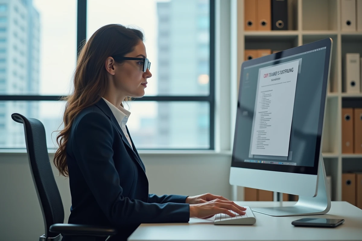 Femme en costume examinant une checklist sur ordinateur