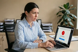 Femme en bureau administratif face à un écran d'erreur de connexion sur le portail DSDEN 33 Convergence
