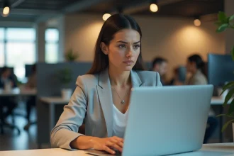 Femme frustrée au bureau face à une erreur de messagerie Mel ouvert sur son ordinateur portable