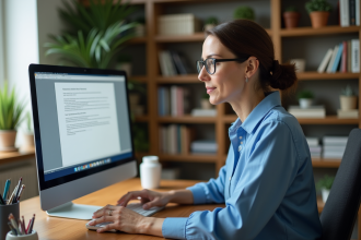 Femme d'âge moyen au bureau à domicile avec ordinateur