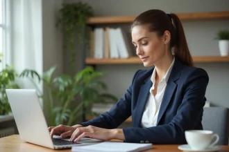 Femme en bureau moderne utilisant un ordinateur portable