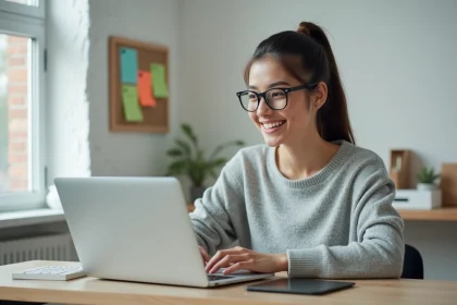 Jeune femme au bureau avec ordinateur portable moderne