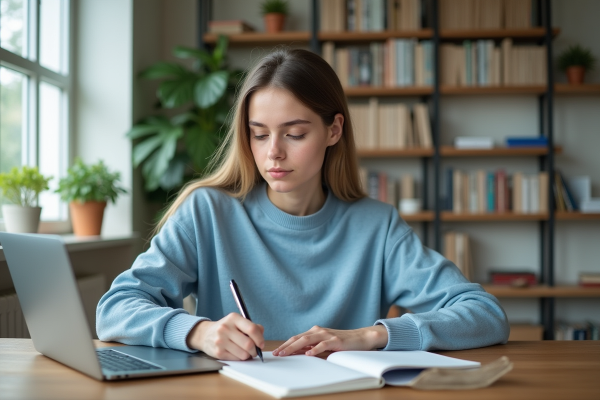 Jeune femme concentrée travaillant sur son ordinateur dans un bureau moderne