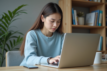Jeune femme au bureau vérifiant une URL sur son ordinateur