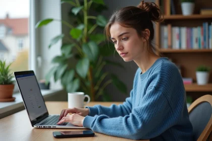 Jeune femme au bureau naviguant en ligne avec ordinateur