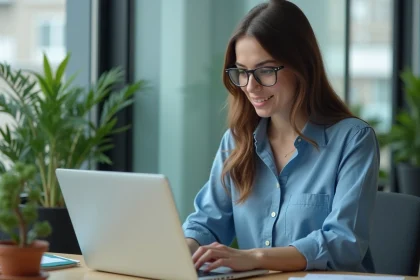 Femme en blouse bleue travaillant sur un ordinateur au bureau