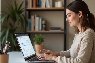 Femme en bureau à domicile utilisant un ordinateur portable