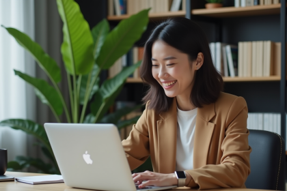 Femme de bureau travaillant sur son ordinateur en mode smartcasual