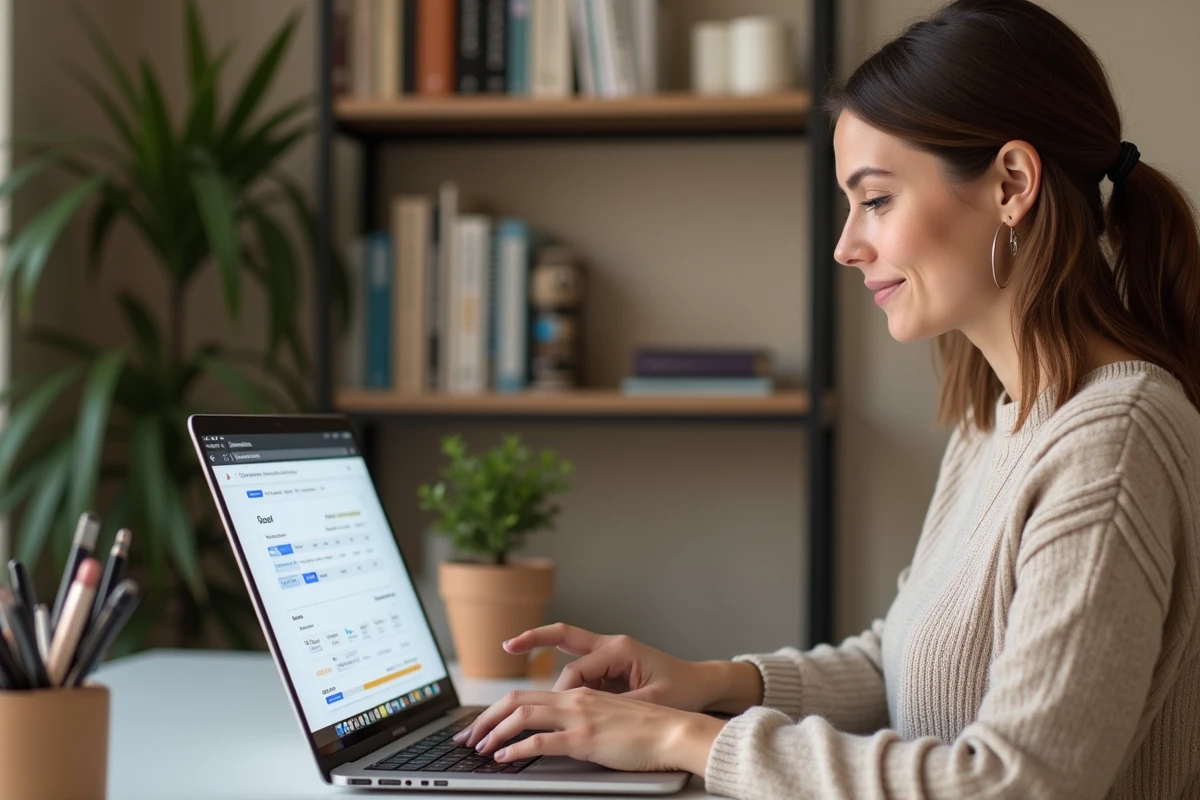 Femme en bureau à domicile utilisant un ordinateur portable