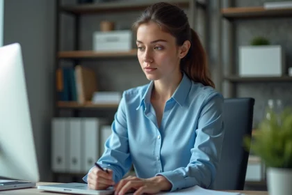 Jeune femme au bureau analysant des statistiques SEO