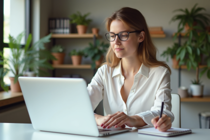 Jeune femme au bureau utilisant Shopify sur son ordinateur