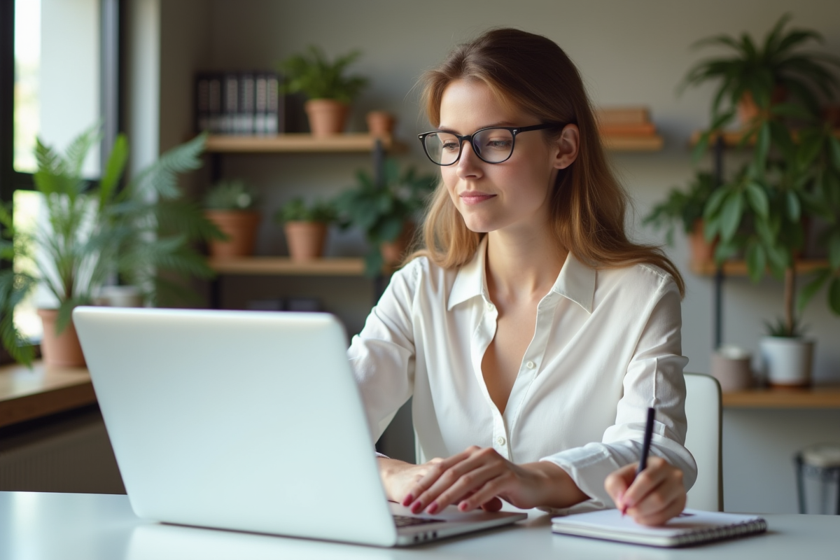 Jeune femme au bureau utilisant Shopify sur son ordinateur